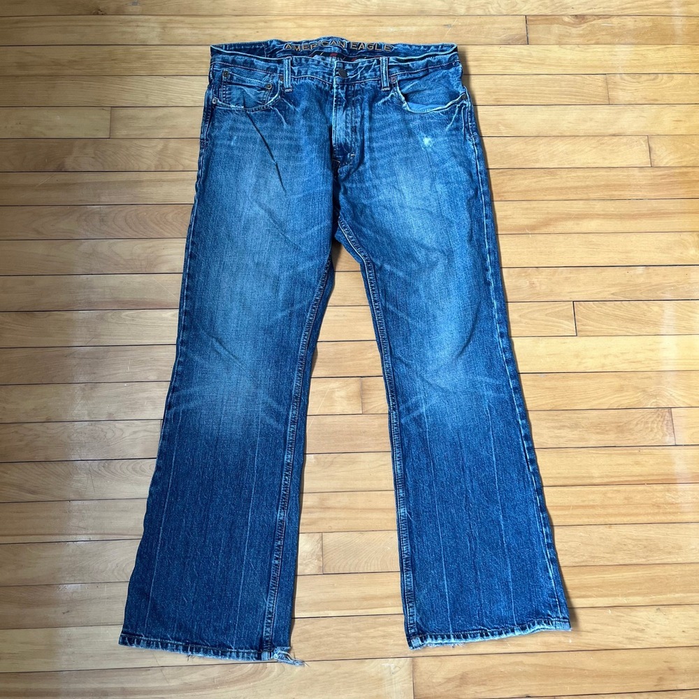 American Eagle Mens Low Rise Bootcut Jeans 36x32 Blue Distressed Denim
